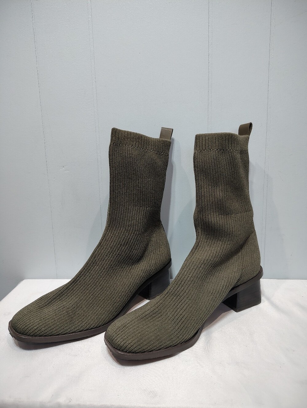 Everlane The High-Ankle Glove Boot Knit Olive Green Block Heel 10